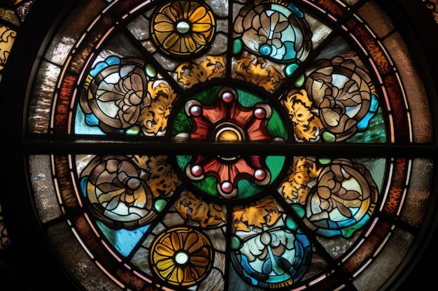 Closeup of stained glass window with intricate patterns and designs created with generative ai