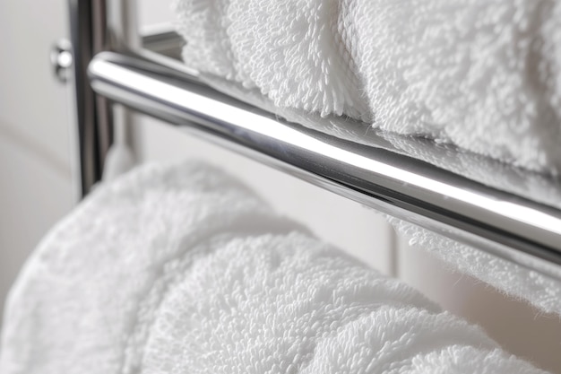 Photo closeup of stainless steel towel rail with fluffy towels