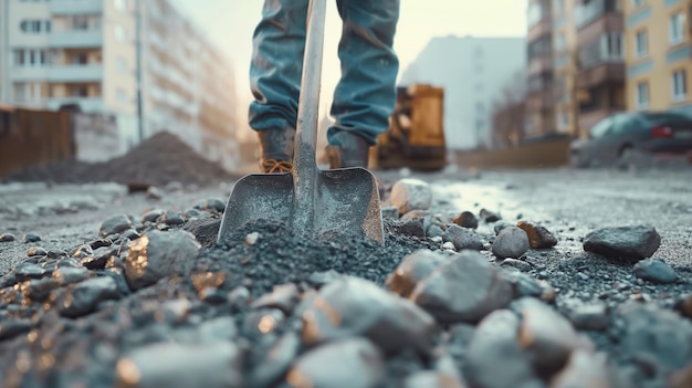 Closeup of a standers legs and a gravel shovel Construction and repair of asphalt road surface