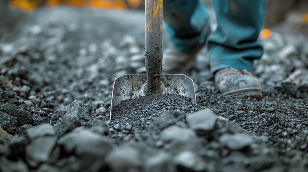 Closeup of a standers legs and a gravel shovel Construction and repair of asphalt road surface