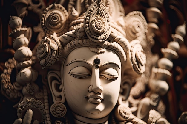 A closeup of a statue of the deity in a hindu temple