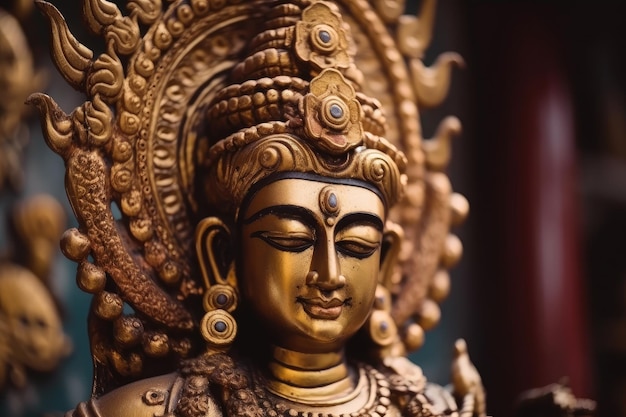 Closeup of the statue of a deity in hindu temple