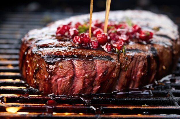 Foto primo piano della bistecca alla griglia con glassa di riduzione del vino rosso