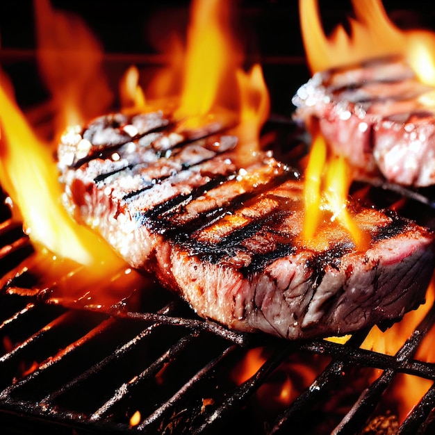 Closeup steak grillen op open vuur