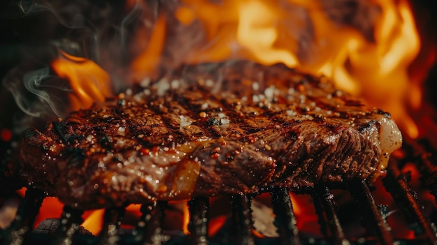Closeup of a steak sizzling on a hot grill with flames licking the edges and searing in the juices creating the perfect charred crust