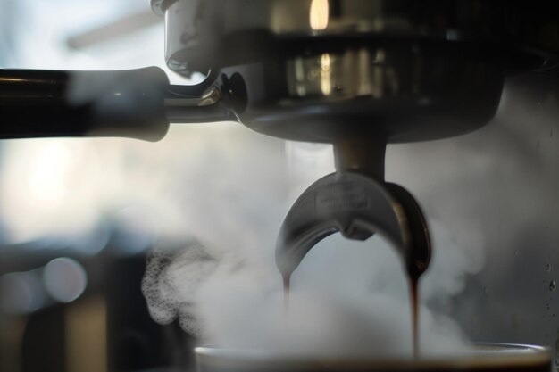 Photo closeup of steam escaping a geyser coffee makers valve during brewing