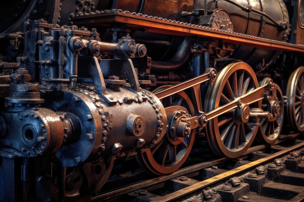 Foto close-up di locomotive a vapore, ruote e macchinari creati con ai generativi