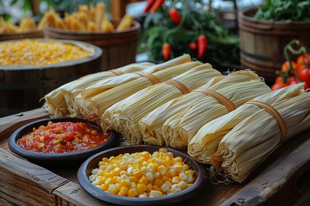 Photo closeup of steamed tamales with corn husks