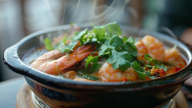 Closeup of a steaming bowl of spicy tom yum soup garnished with fresh herbs and shrimp