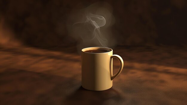 A closeup of a steaming cup of coffee on a dark background The coffee is in a white ceramic mug with a brown handle