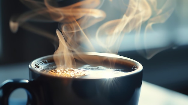 Foto un primo piano di una tazza di caffè fumante il vapore sale dalla tazza e si arriccia nell'aria la tazza è blu scuro e il caffè è marrone scuro