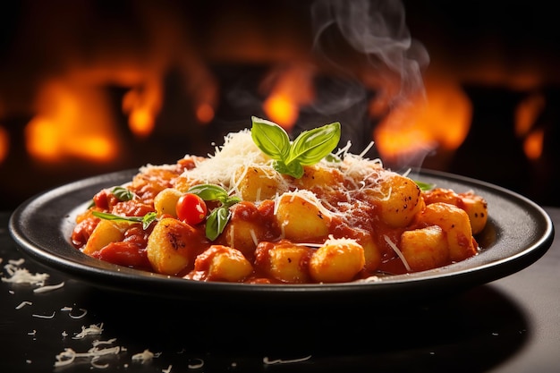 Closeup of a Steaming Plate of Gnocchi in Tomato Sauce