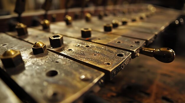 Closeup of a steampunk musical instrument The instrument is made of metal and has a variety of knobs levers and other mechanical parts