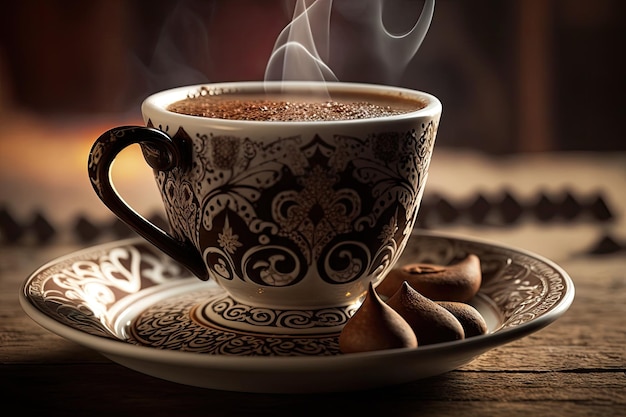 Closeup of steamy cup of turkish coffee with sprinkle of cinnamon