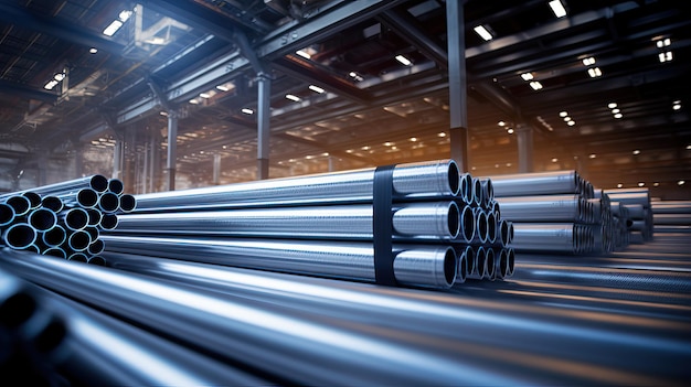 Photo closeup of steel pipes in warehouse