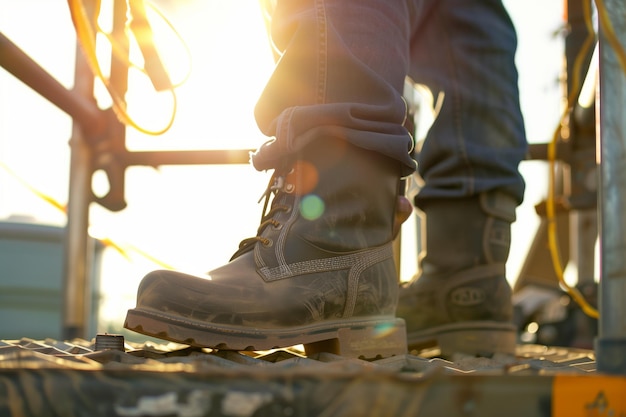 Foto close-up su stivali steeltoed operaio in piedi piattaforma fuori foco