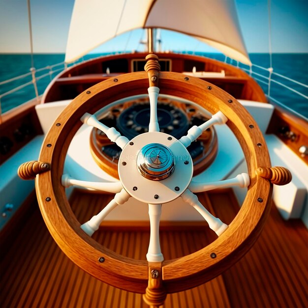 Closeup of the Steering Wheel of a Yacht Steering Wheel on Luxury Yacht Cabin Generative AI