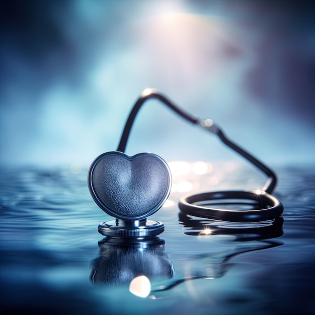 A closeup of a stethoscope and blue heart blurred out in the background