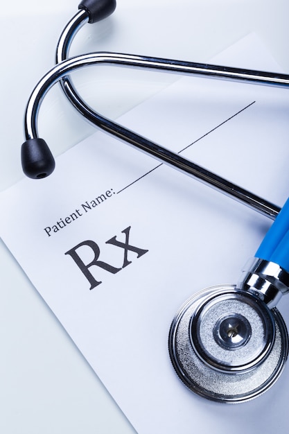 Closeup of a stethoscope on a rx prescription