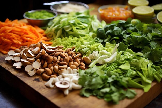 Foto close-up di ingredienti di stir fry disposti su un bancone della cucina