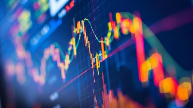 A closeup of stock market charts and graphs on a computer screen illustrating the volatility and fluctuations of stock prices in realtime trading