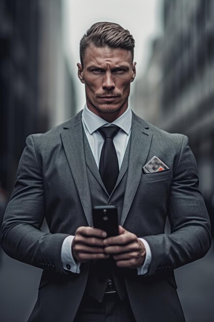 A closeup stock photo of aa man stands in a suit and cell phone