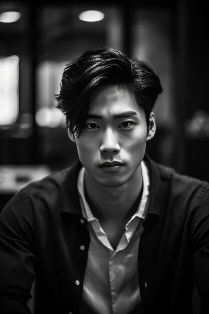 A closeup stock photo of aa young asian man in an office sitting at the table