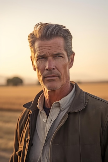 A closeup stock photo of an attractive man is posing in a field