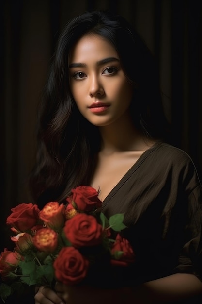 A closeup stock photo of the beautiful young woman is holding roses and flowers