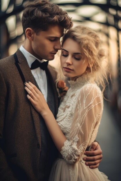 A closeup stock photo of a bride and groom posing on a bridge