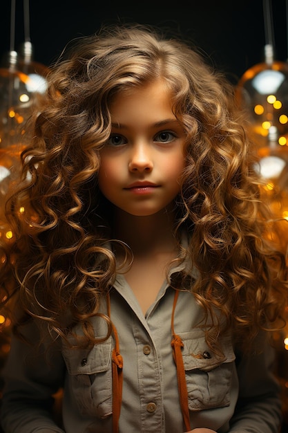 A closeup stock photo of a curly haired girl in vintage glasses