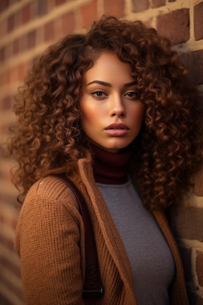 Foto una foto in primo piano di una giovane donna dai capelli ricci appoggiata a un muro di mattoni