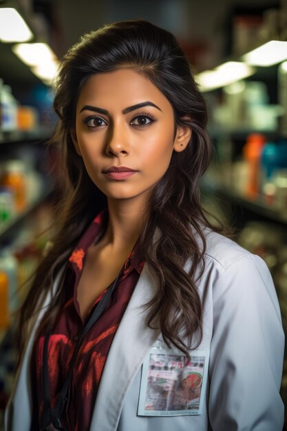 A closeup stock photo of a a female chemist in lab coat standing beside medicine shelves