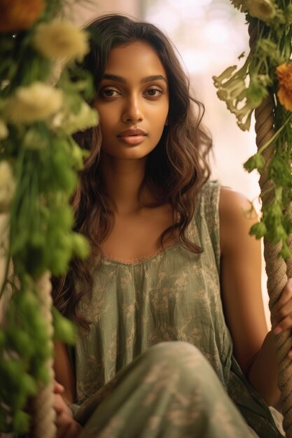 A closeup stock photo of a girl is sitting on the swing with flowers nearby