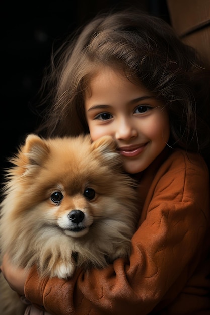A closeup stock photo of a a girl with a pomeranian dog holding a brown dress