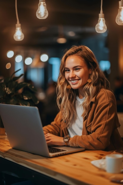 A closeup stock photo of a happy women working at laptop at a wooden table