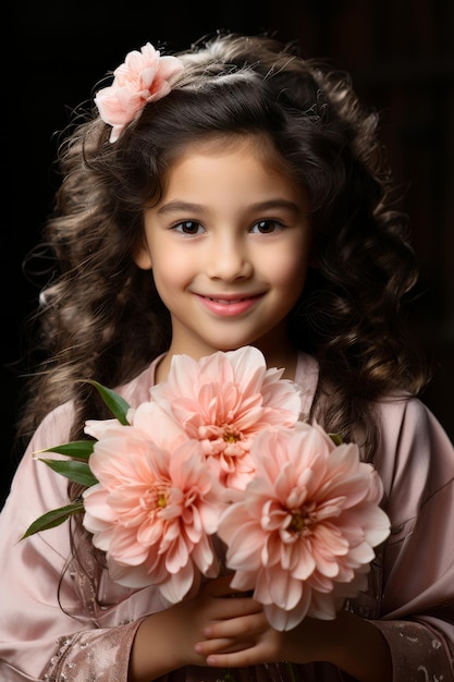 어린 소녀가 분홍 꽃을 들고 있는 클로즈업 스톡 사진