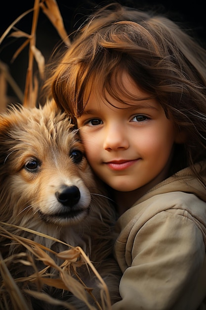 子犬を抱いて微笑む少女のクローズアップストック写真