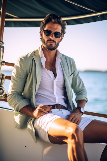 Близкий снимок человека на лодке, сидящего в белой рубашке, солнцезащитных очках и шортах