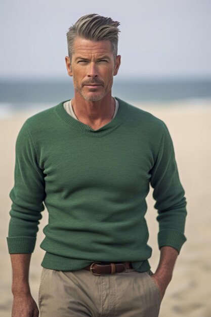 A closeup stock photo of a man dressed in green shorts and green sweater is standing on the beach