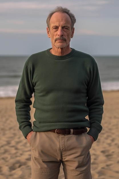 A closeup stock photo of a man standing on the beach in sweater and khaki shorts