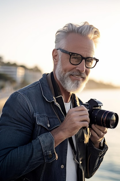 A closeup stock photo of a man takes a photo next to the water with the ocean surrounding him