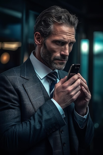 A closeup stock photo of a a man talking on his phone while in a suit