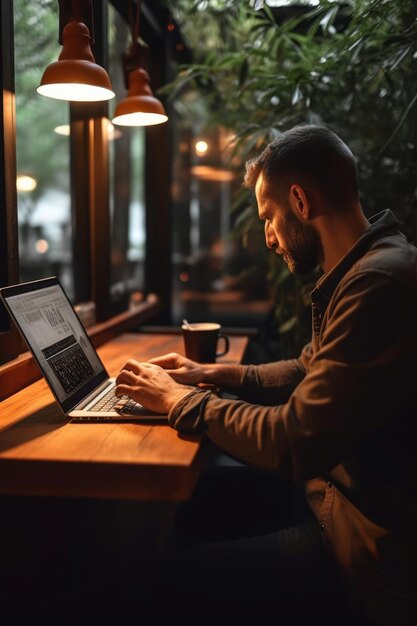 A closeup stock photo of a a man uses his laptop