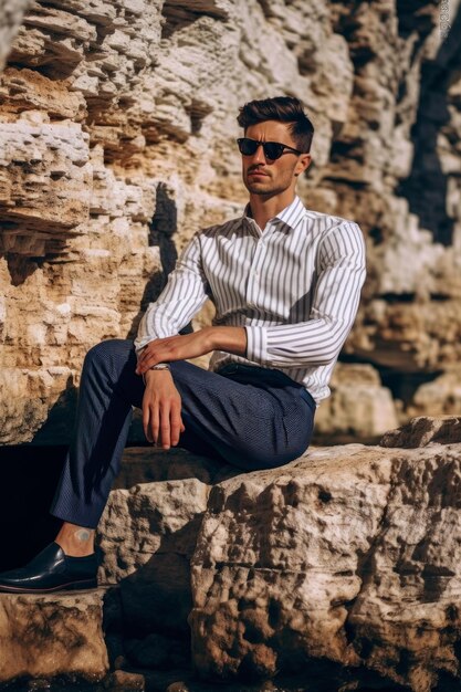 A closeup stock photo of a man wearing sunglasses is sitting on rocks