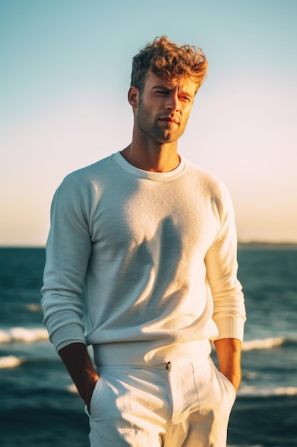 A closeup stock photo of man in white pants and a sweatshirt at sea shore