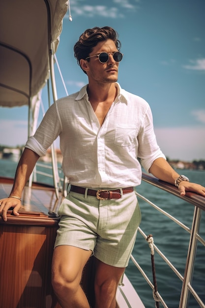 Близкий фотосъемка мужчин в летней белой рубашке и шортах на лодке