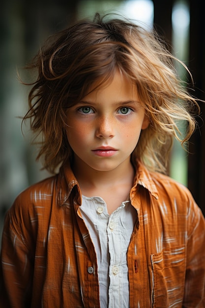 A closeup stock photo of a an orange shirt is worn by a young boy with freckles