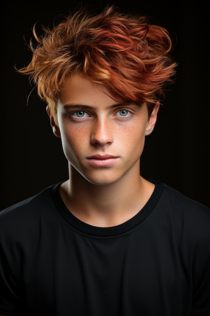 A closeup stock photo of a a redheaded boy is posing on a dark background