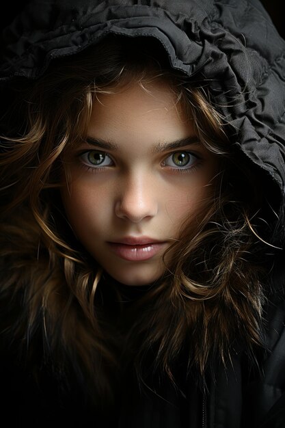 A closeup stock photo of a a small girl in black and white